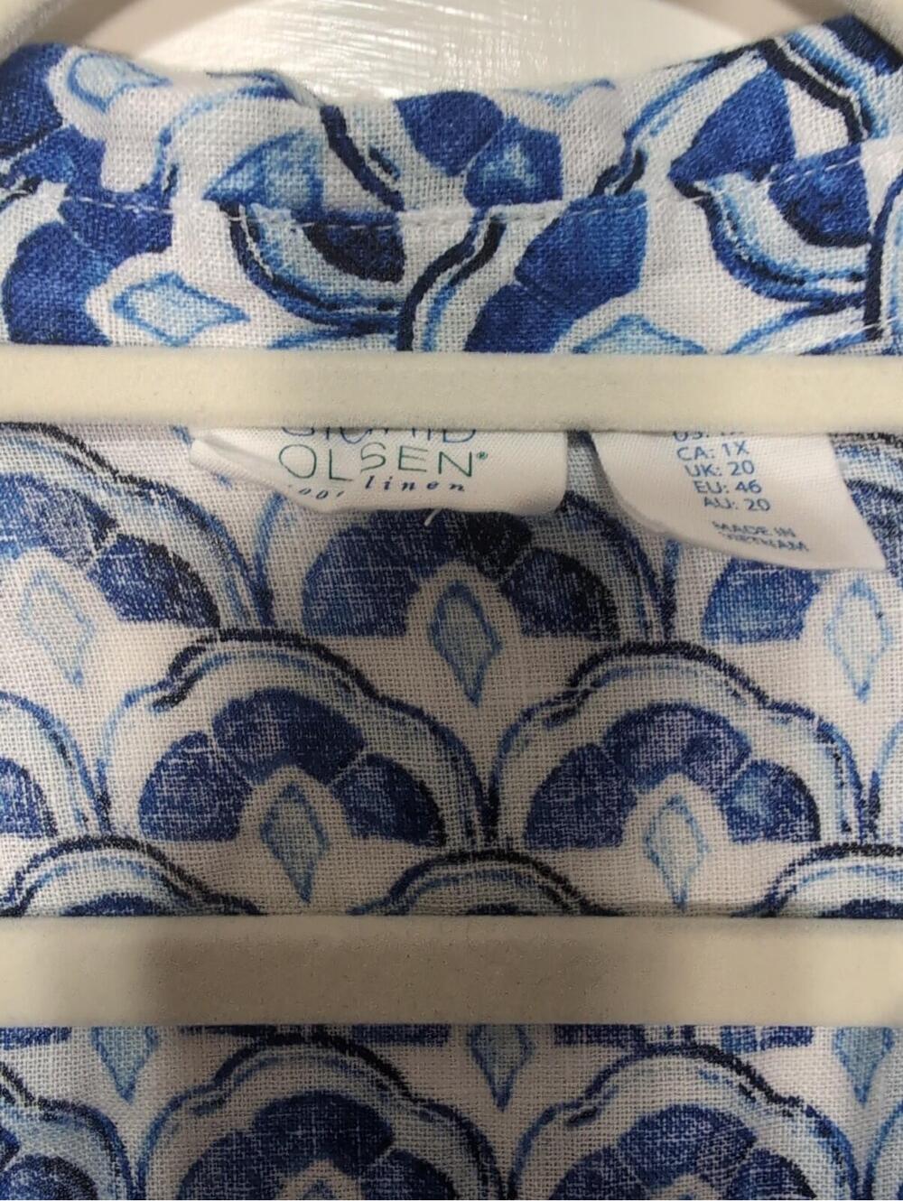 Sigrid Olsen Blue White Scallop Shell Print Linen V-Neck Blouse Women's 1X (1362 - Picture 3 of 5